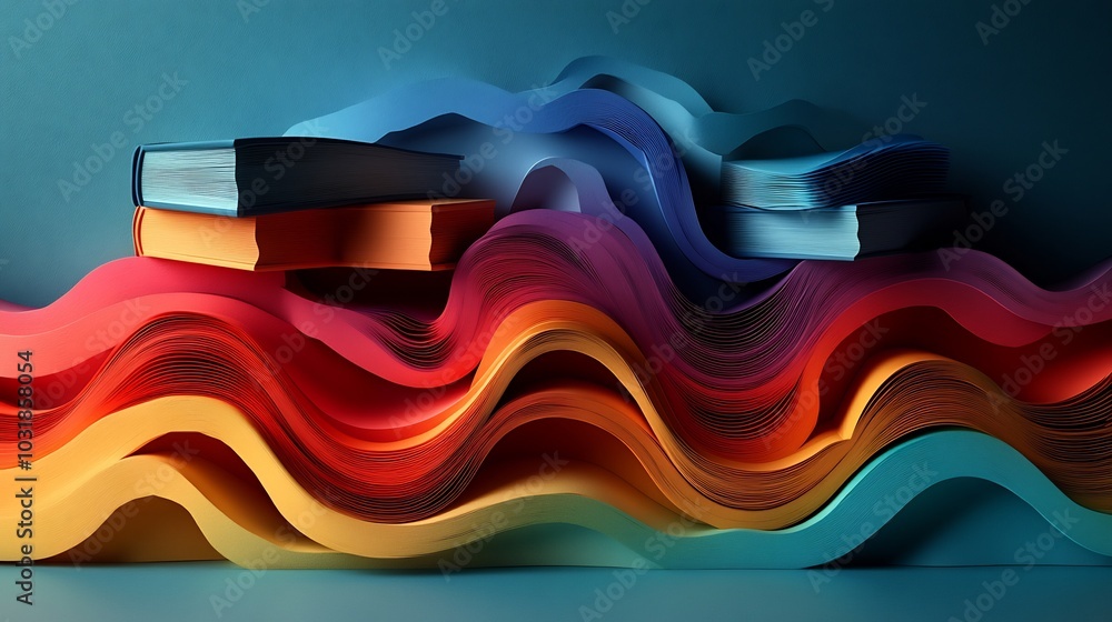 Poster bold gradient abstract 3d world book day design with paper cut style featuring books stacked in laye
