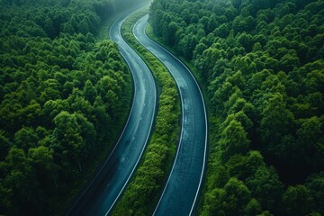Winding road through lush green forest in the early morning light