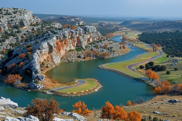 A serene river flows through autumn-colored cliffs and winding roads in a picturesque landscape during a clear day