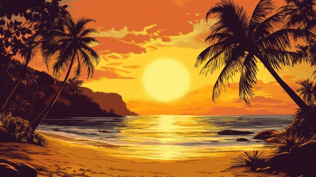 A detailed sunset over an Indian beach with palm trees silhouetted against the golden sky