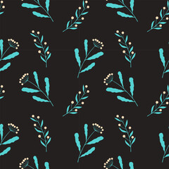 Dark floral pattern with blue leaves and berries on black background. Hand drawing twigs. Vector illustration