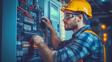 An electrician installing surge protectors on an industrial control panel in a manufacturing facility.