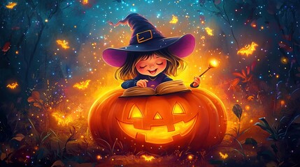 Happy Halloween! Cute cheerful little witch with a magic wand and book of spells. Beautiful child girl in costume sitting on the big pumpkin, conjuring and laughing.