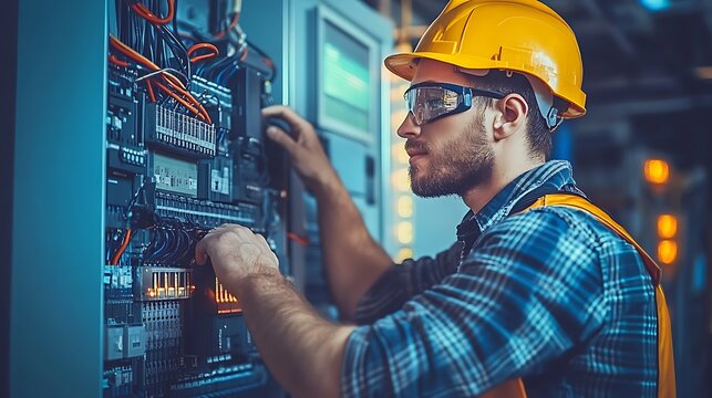 An electrician installing surge protectors on an industrial control panel in a manufacturing facility.