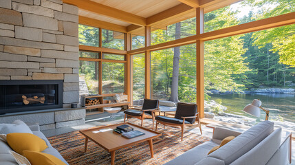 Fototapeta premium Open-concept minimalist living space with clean lines, few decorations, and natural elements like wood and stone