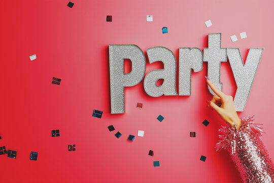 A stylish female hand in a vibrant party dress points towards glowing, bold party text, surrounded by colorful confetti. party c xmas/new years banner/web/design - Powered by Adobe