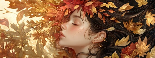 A girl with autumn leaves in her hair, surrounded by golden and red foliage, in the style of Chinese painting