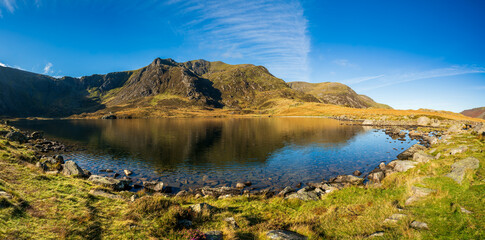 Llyn Idal panorama overlooking Y Garn mountain in Snowdonia, North Wales. UK