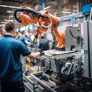 A close-up of a collaborative robot (cobot) working alongside humans in a manufacturing setting, Generative Ai