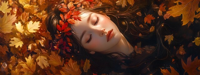 A girl with autumn leaves in her hair, surrounded by golden and red foliage, in the style of Chinese painting