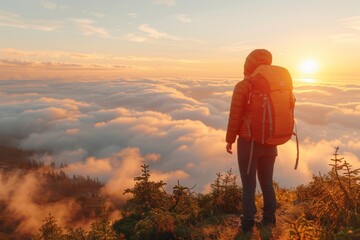 Fototapeta premium A hiker enjoys a breathtaking sunrise view over a sea of clouds from a mountain summit in the early morning light