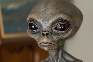 Intriguing alien sculpture with detailed features displayed indoors amidst a cozy background setting