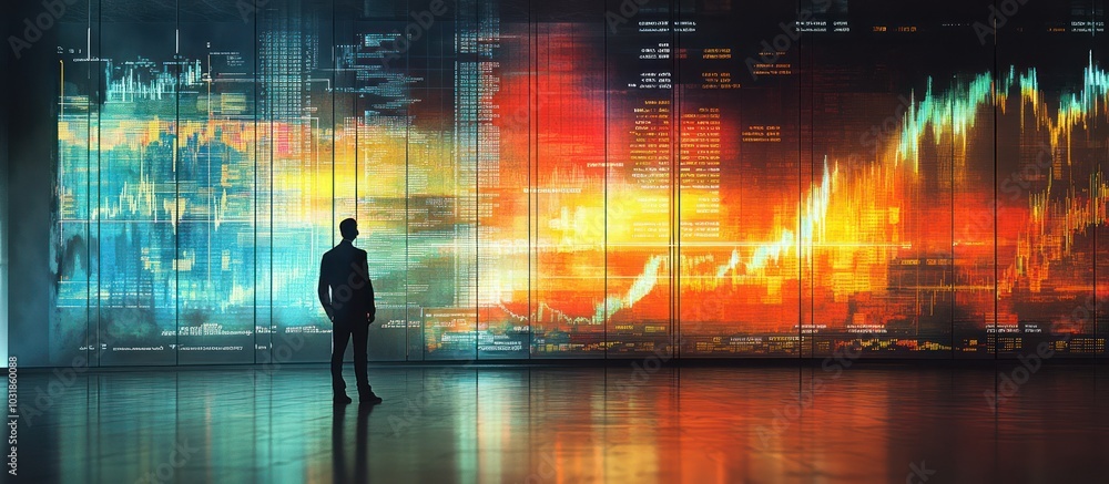 Poster a businessman stands in front of a large screen displaying stock market data, analyzing trends and o