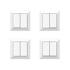 Set of white two-key switches, on and off. Front view, vector illustration.