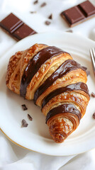 Chocolate croissant on a plate, top view, set against a clean white background, showcasing its flaky layers and rich filling