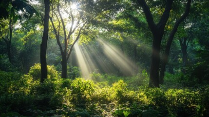 A detailed view of a lush Indian forest with sunlight streaming through dense trees.