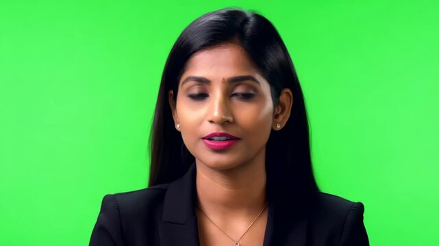 Indian woman in elegant suit having an interview on green screen background. News or documentary program, stream, webinar. Confident business woman speaking and looking in camera. Ready to chroma key 