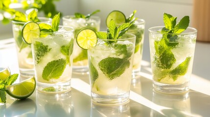 Fototapeta premium Glasses of mojito cocktail with rum, mint and lime standing on bar counter