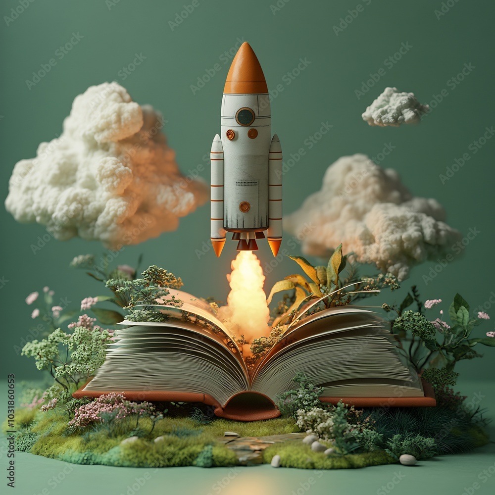 Poster calming 3d scene of a rocket launching from an open book with a soft green background embodying grow