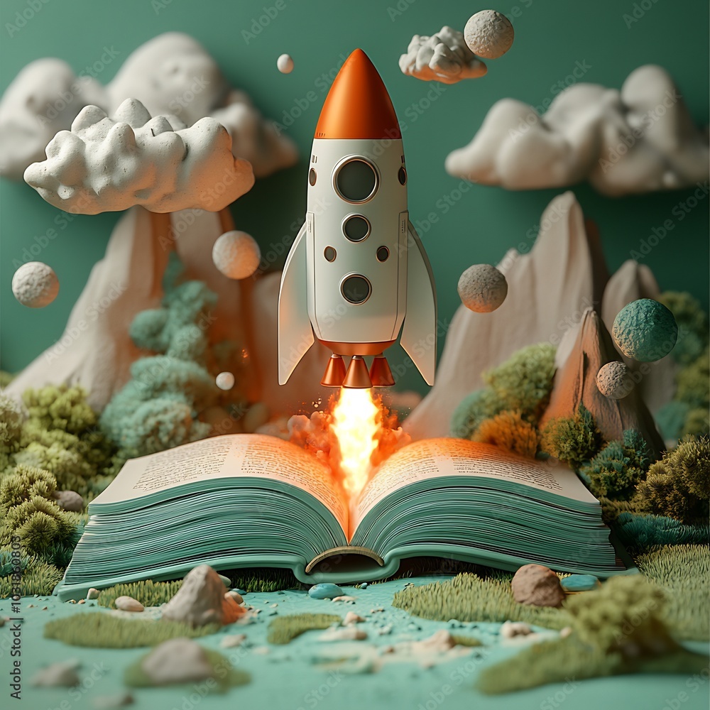 Poster calming 3d scene of a rocket launching from an open book with a soft green background embodying grow