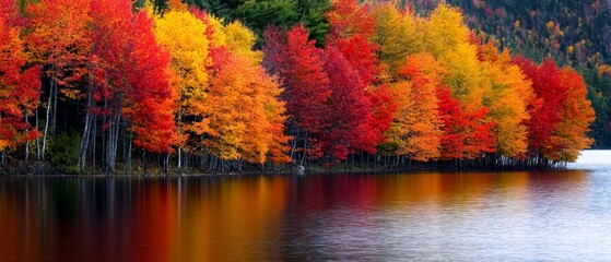 Fototapeta premium trees line the shore, water in front, background holds another row of trees
