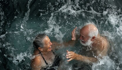 Fototapeta premium An elderly couple swims in the ocean, gazing at each other