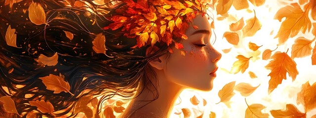 A girl with autumn leaves in her hair, surrounded by golden and red foliage, in the style of Chinese painting