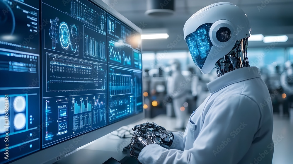 Poster futuristic automation control room with ai powered industrial systems monitoring