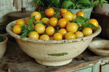 Freshly harvested yellow tomatoes in a rustic bowl on a wooden table surrounded by vibrant greenery in a cozy setting