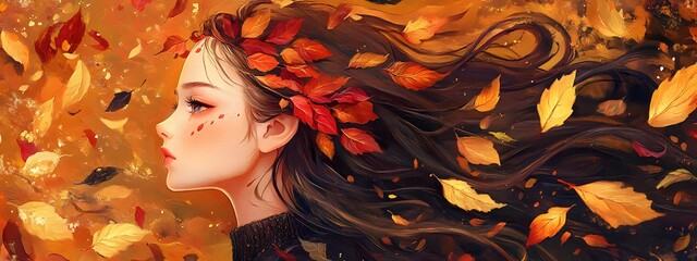 A girl with autumn leaves in her hair, surrounded by golden and red foliage, in the style of Chinese painting