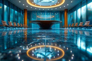 Obraz premium Modern conference room with polished floor and bright lighting in a corporate building, showcasing a large central table and comfortable seating