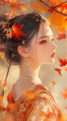 A girl with autumn leaves in her hair, surrounded by golden and red foliage, in the style of Chinese painting