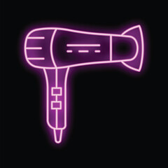 Pink neon sign of a professional hairdryer glowing on a dark background