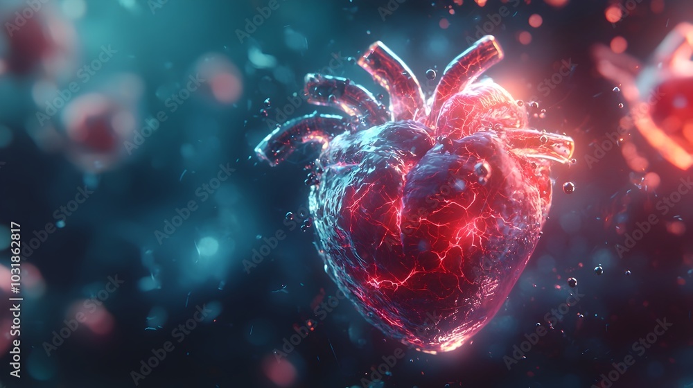 Poster nanobots repairing damaged heart tissue after attack glowing pulsating light representing restored f