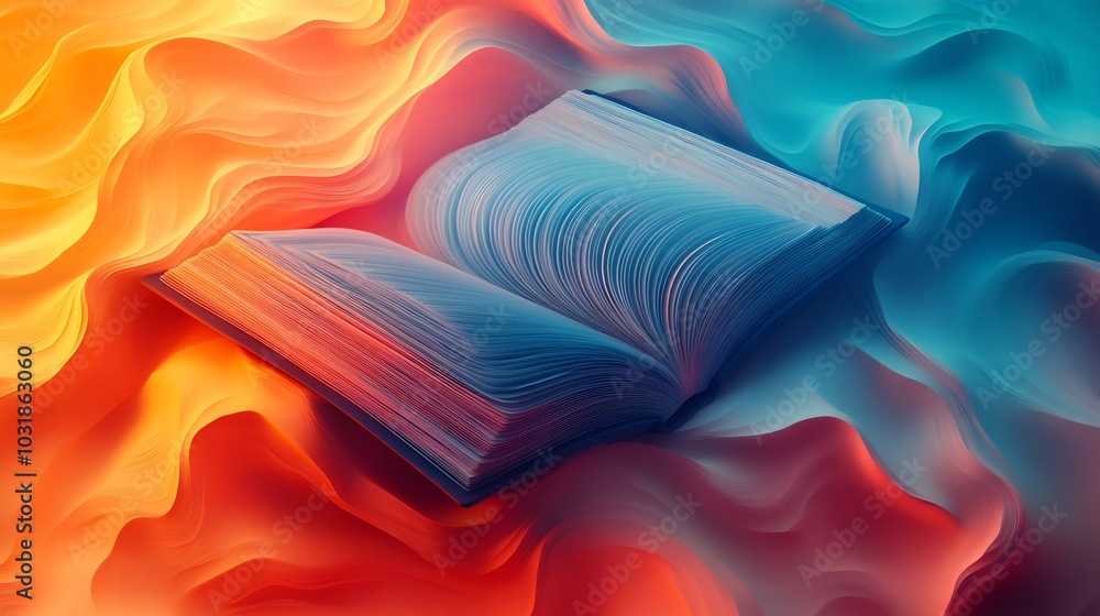 Poster captivating gradient abstract 3d design for world book day featuring an intricate book with swirling