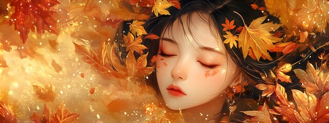 A girl with autumn leaves in her hair, surrounded by golden and red foliage, in the style of Chinese painting