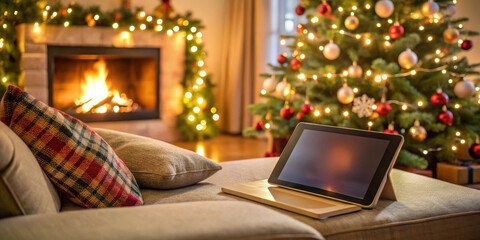 Tablet on Couch in Festive Living Room