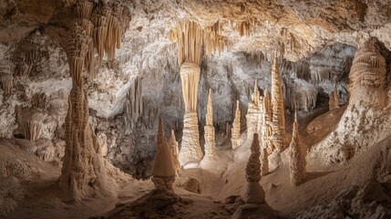 A detailed view of limestone caves, with stalactites and stalagmites formed over thousands of years.