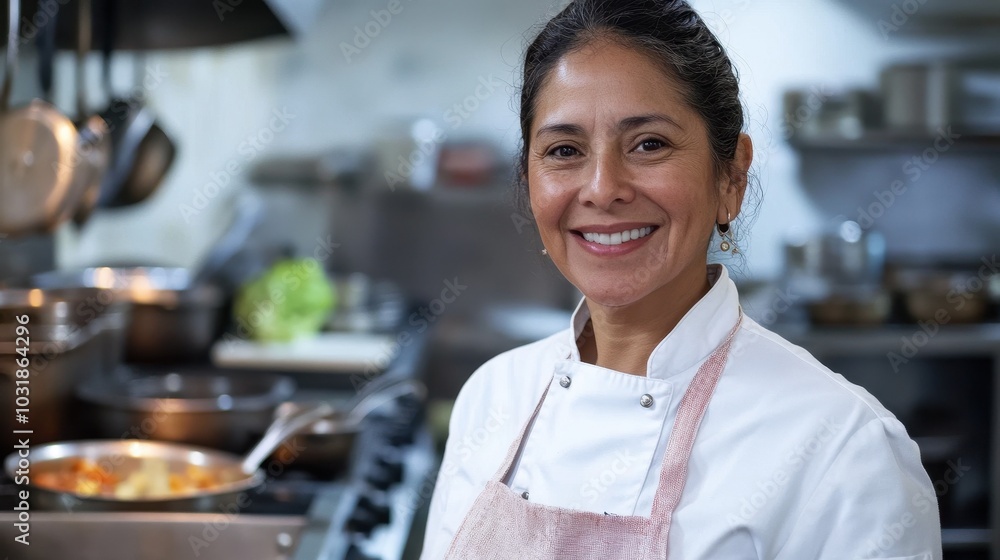 Wall mural a portrait of a middle-aged hispanic woman dressed in a chef's coat, smiling warmly in a kitchen fil