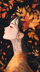 A girl with autumn leaves in her hair, surrounded by golden and red foliage, in the style of Chinese painting