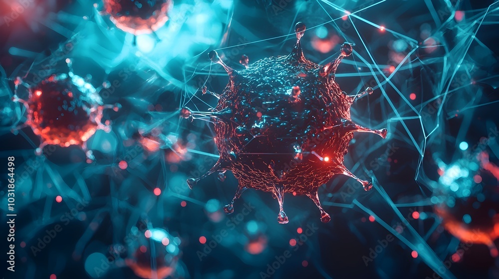 Poster futuristic nanotechnology augmented immune system visualized with glowing defense network