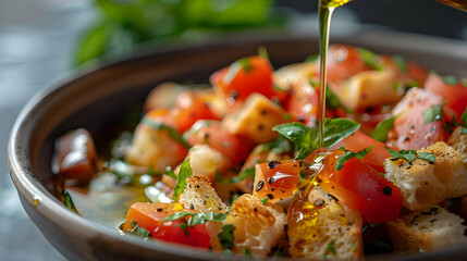 A close-up of panzanella with fresh basil and a drizzle of olive oil