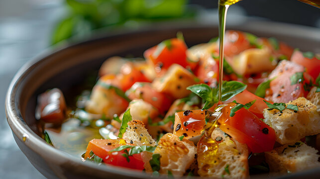 A close-up of panzanella with fresh basil and a drizzle of olive oil