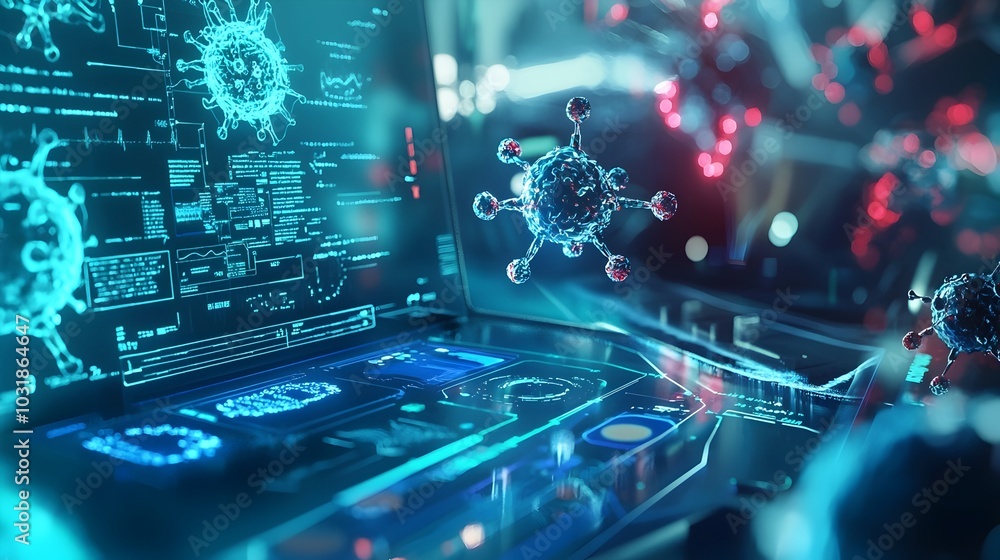 Poster futuristic nanotechnology diagnostic tool with holographic data visualization for real time cellular