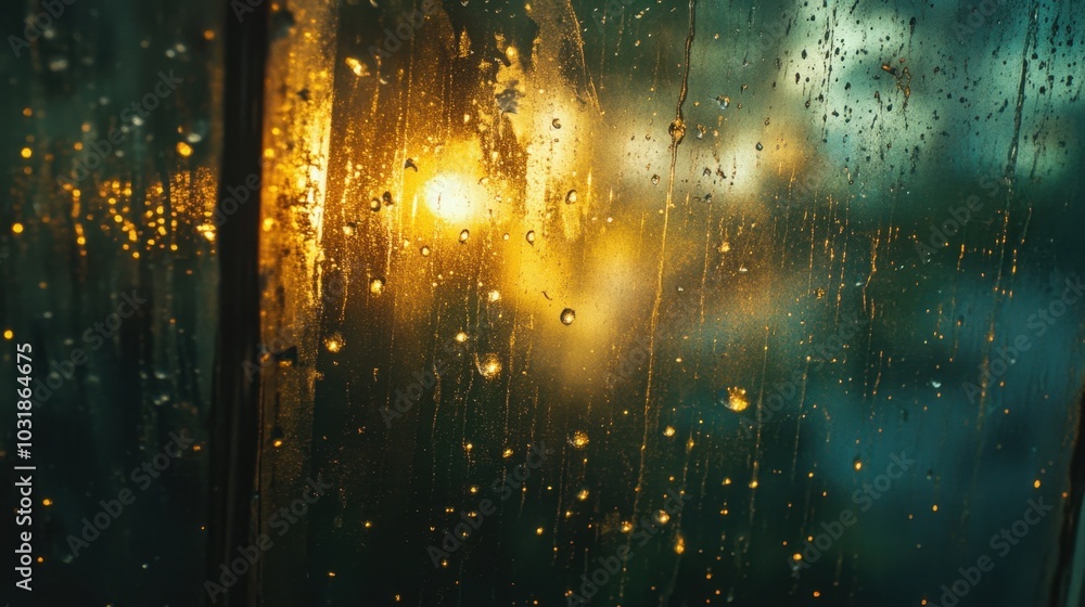 Poster a detailed view of sunlight shining through raindrops on a window, creating tiny reflections.