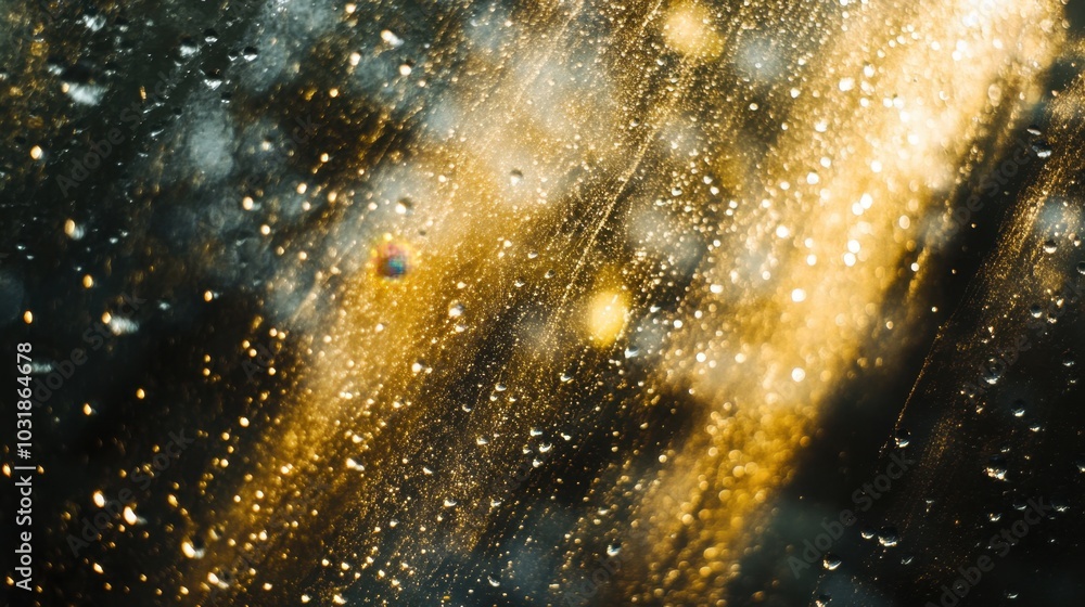 Poster a detailed view of sunlight shining through raindrops on a window, creating tiny reflections.