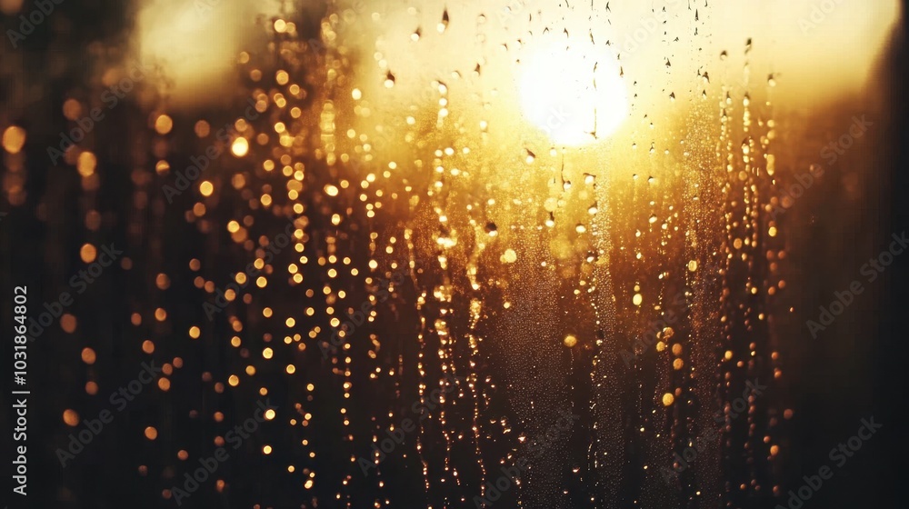 Poster a detailed view of sunlight shining through raindrops on a window, creating tiny reflections.