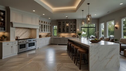 A modern kitchen with white cabinets, stainless steel appliances, a large island, and a view of a backyard.