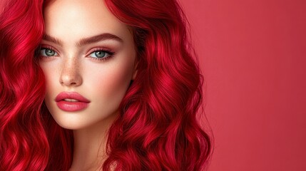 Fototapeta premium Wavy burgundy hair with vibrant red and plum undertones, styled in loose curls, glowing in soft indoor lighting, creating a warm and bold look 