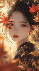 A girl with autumn leaves in her hair, surrounded by golden and red foliage, in the style of Chinese painting